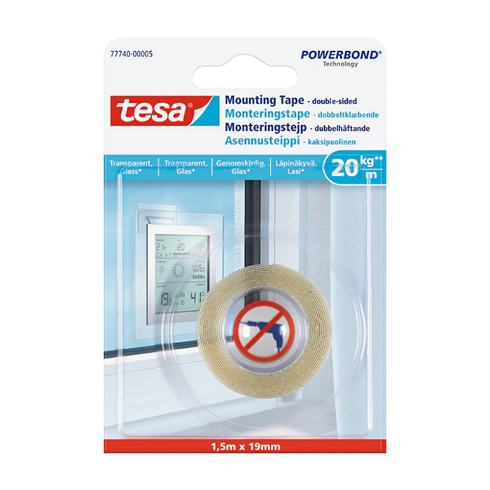 סרט דו צדדי לזכוכית Tesa 77740 שקוף רוחב 19 מ"מ אורך 1.5 מטר