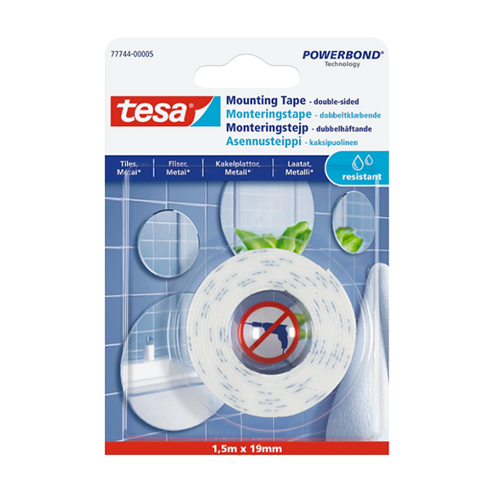 סרט דבק דו צדדי עמיד במים 77744 Tesa לבן אורך 1.5 מטר, עובי 19 מ"מ