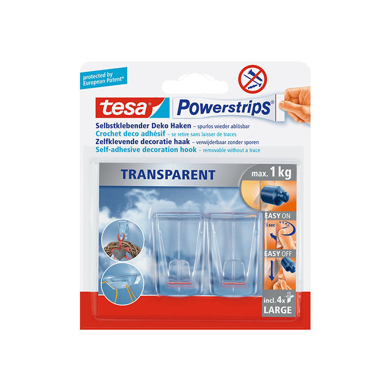 מתלים שקופים לתלייה עד 1 ק"ג Tesa שקוף 3 מתלים, 4 סרטי הדבקה