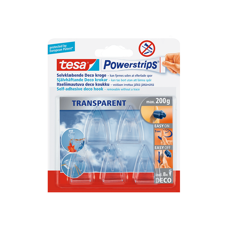 מתלים שקופים לתליה עד 200 גרם Tesa שקוף 6 ווי תלייה, 8 סרטי הדבקה