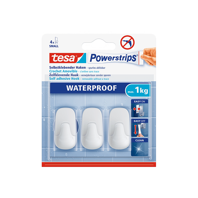 מתלים קטנים עמידים במים לקרמיקה וזכוכית Tesa לבן 4 ווי תלייה, 4 סרטי הדבקה, 4 מטליות פריימר לניקוי