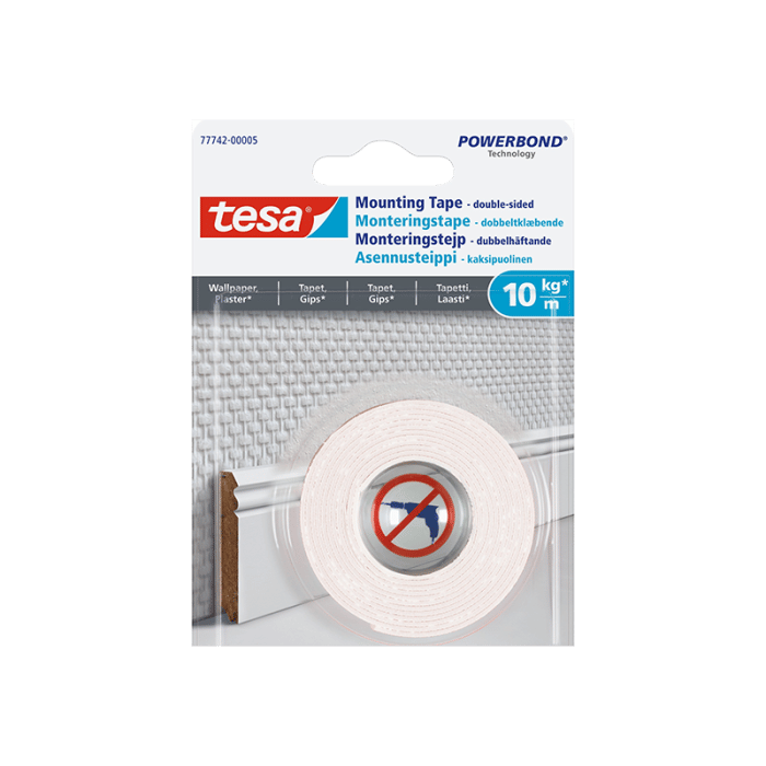 סרט דבק דו צדדי חזק לטפט וגבס 77742 Tesa לבן אורך 1.5 מטר, עובי 19 מ"מ