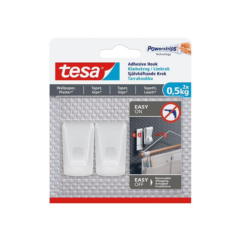 מתלה להדבקה על גבס וטפט נייר Tesa לבן 2 ווי תלייה, 3 סרטי הדבקה