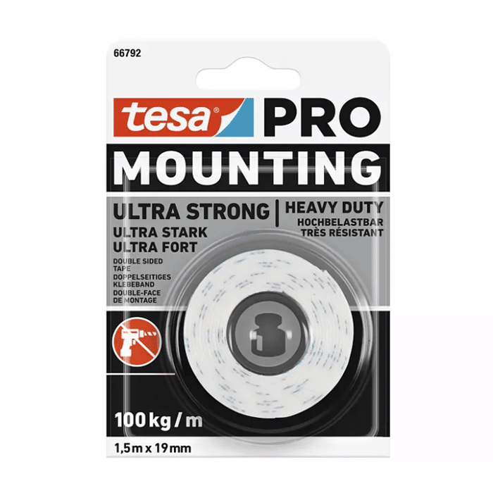 סרט דו צדדי ספוגי מקצועי חזק במיוחד עד 100 ק"ג 66792 Tesa PRO לבן רוחב 19 מ"מ, אורך 1.5 מטר