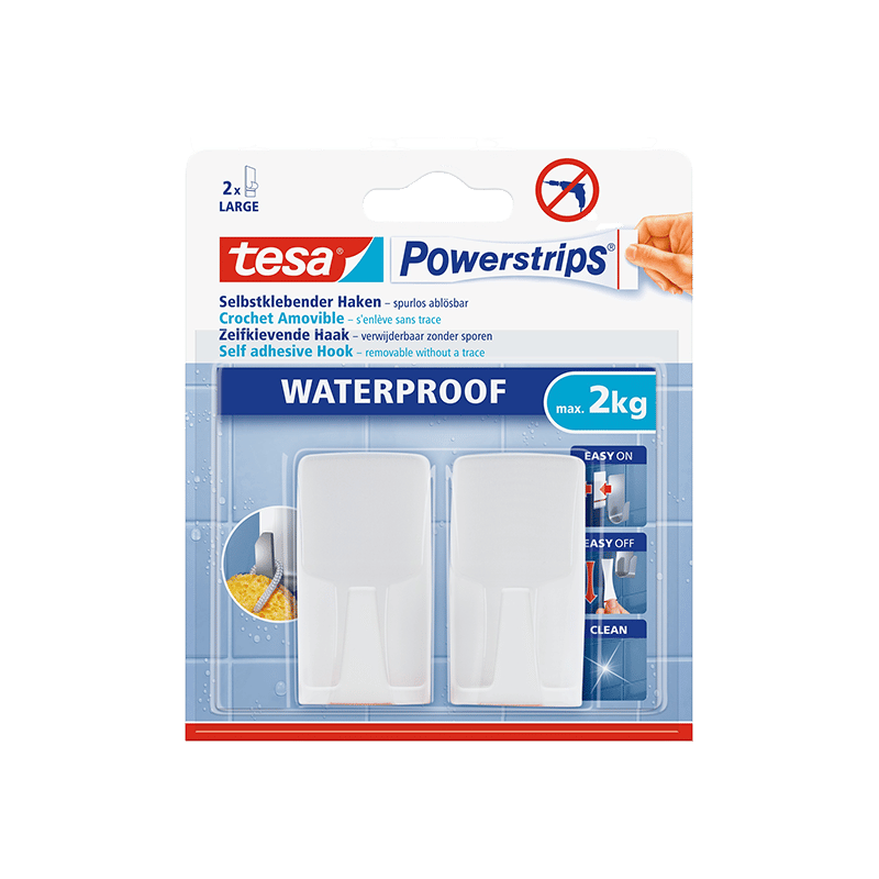 מתלי פלסטיק שטוחים עמידים למים עד 2 ק"ג. Tesa לבן 3 ווי תלייה, 4 סרטי הדבקה, 4 מטליות פריימר לניקוי